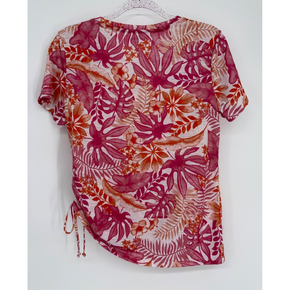 Casey Key Womens Pink Tropical Palm Leaf V-Neck Side Cinch Rayon Top Sz PXL - Picture 4 of 9